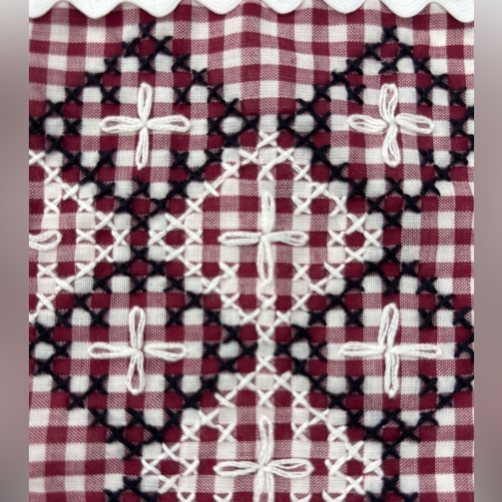 Gingham Check Luncheon Cloth Handmade Embroidered Design Bordered with Rick Rack - Picture 2 of 11
